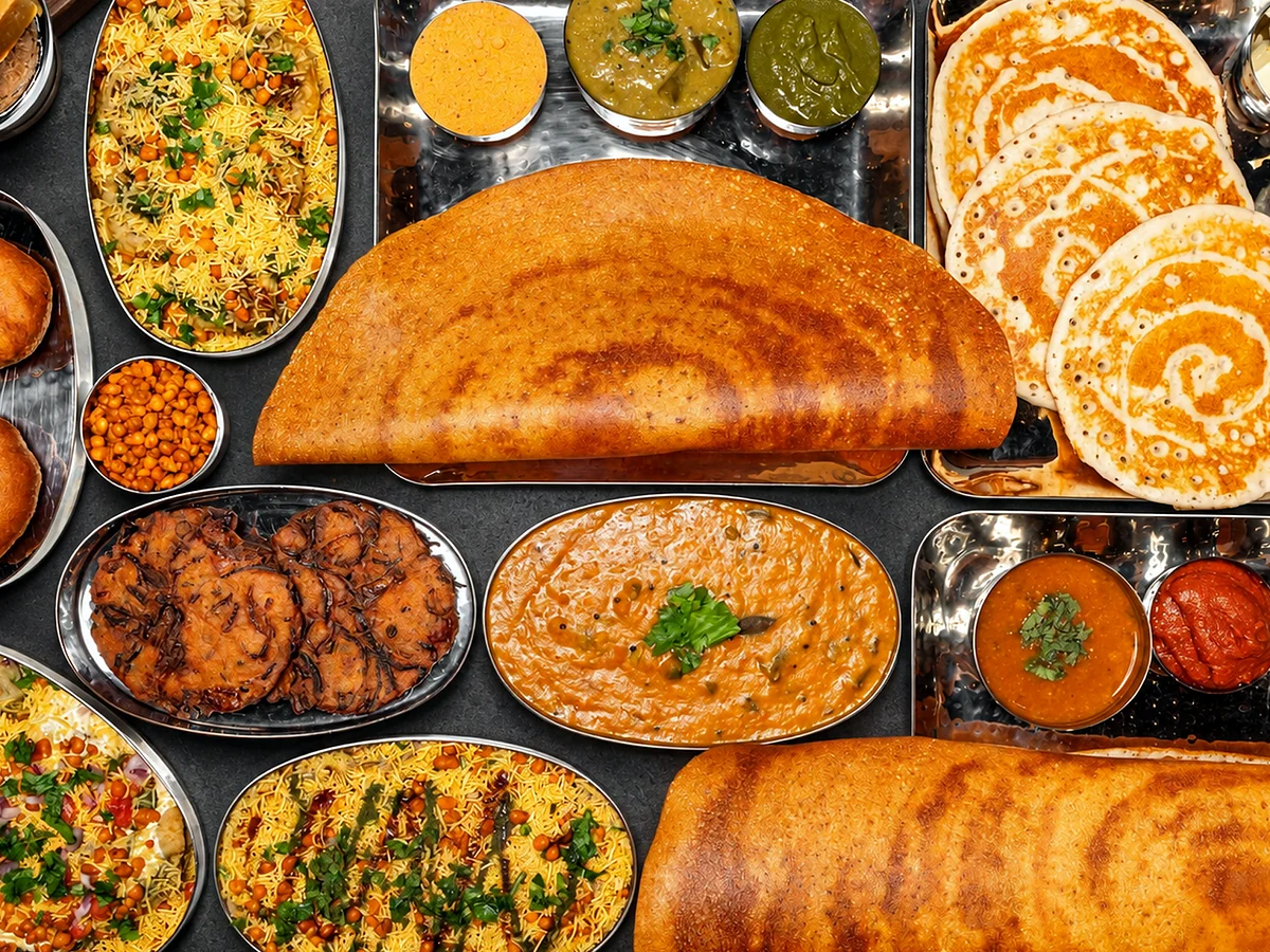 A spread of dosas, idli, vada and chaat for a group