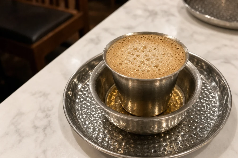 South Indian filter coffee in a steel tumbler and dabara