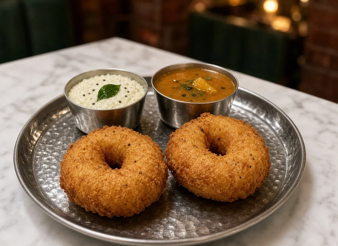 Two medu vada with coconut chutney and sambar